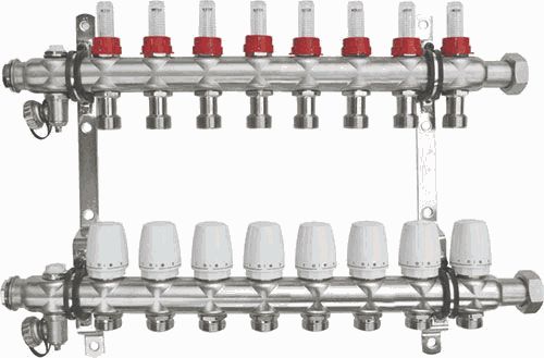 коллекторный блок 8 выходов  нержавеющая сталь 1" с накидной гайкой с расходомерами