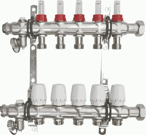 коллекторный блок 5 выходов  нержавеющая сталь 1"с накидной гайкой с расходомерами