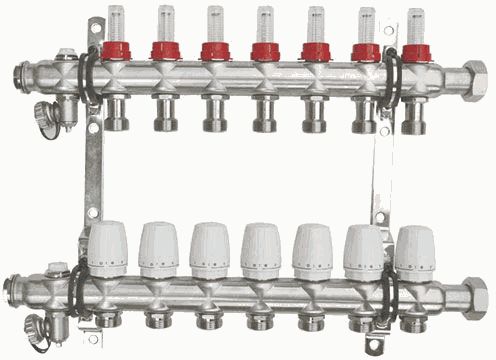 коллекторный блок 7 выходов  нержавеющая сталь 1" с накидной гайкой с расходомерами