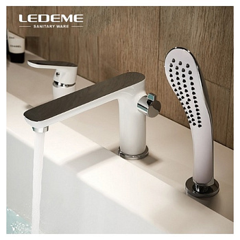смеситель для ванны LEDEME L1153W врезной на 3 отверстия, белый/хром - №2