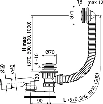 сифон д/ванны автомат Click Clack металл Alcadrain A504CKM-80 - №1
