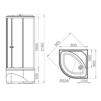 кабина CLASSICA 80х80 высокий, прозр.стекло, черн.стен., бел.проф. MB01005 - №1
