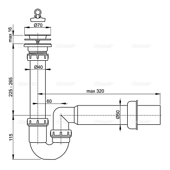 сифон д/мойки 1.1/2"х50 трубный, с нержавеющей peшeткой д.70 A800-DN50 Alcadrain - №1